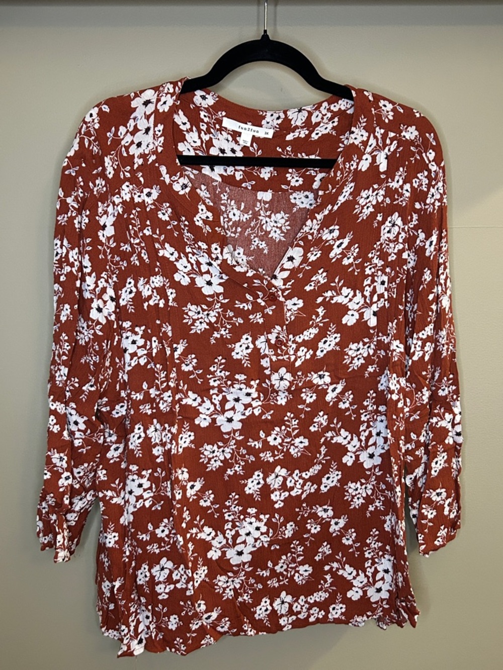 Fun 2 Fun Red/Copper 3/4 Sleeve Mandarin Collar Blouse